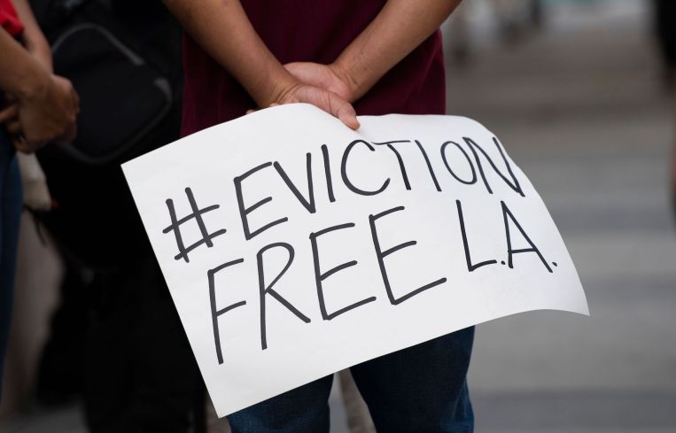 Renters and housing advocates attend a protest to cancel rent and avoid evictions amid the Coronavirus pandemic last year in Los Angeles, California.