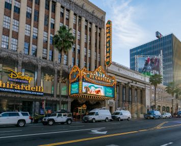 The El Capitan Theatre on Hollywood Boulevard is seen earlier this year playing 'Raya and the Last Dragon' on its first day of reopening since it was closed in 2020 due to local COVID-19 restrictions.
