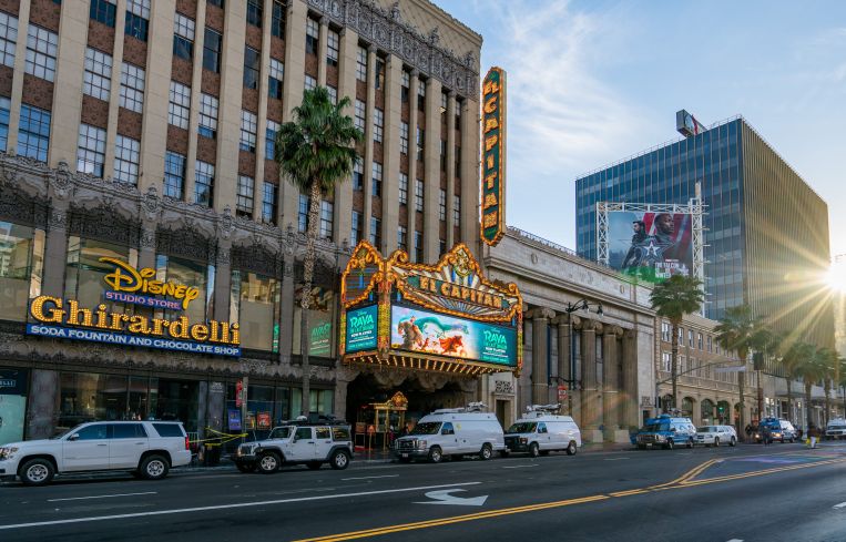 The El Capitan Theatre on Hollywood Boulevard is seen earlier this year playing 'Raya and the Last Dragon' on its first day of reopening since it was closed in 2020 due to local COVID-19 restrictions.