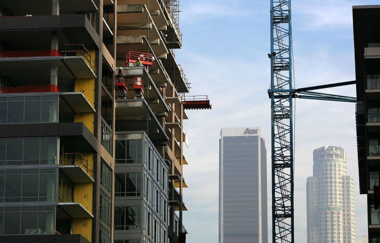 Construction of new high-rise loft buildings in Downtown Los Angeles.