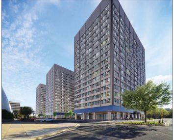 A rendering of the converted former office buildings in the Skyline complex in Falls Church, Va.