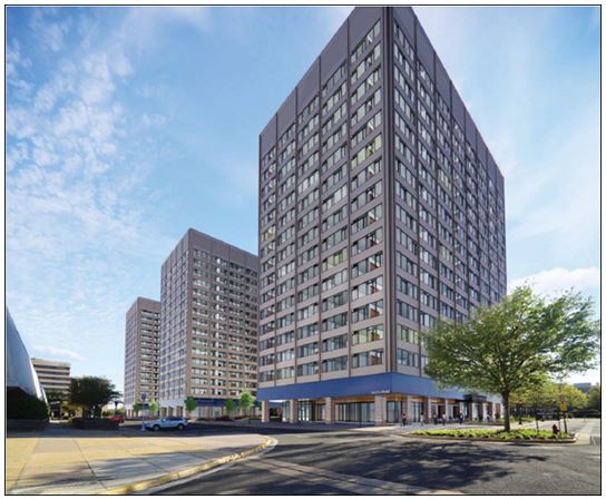 A rendering of the converted former office buildings in the Skyline complex in Falls Church, Va.