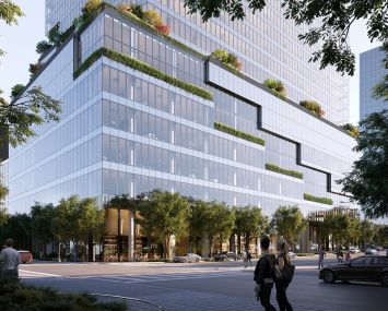 A rendering of a building with leafy terraces off it.
