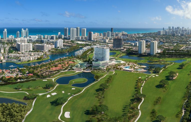 An aerial view of The Diplomat Golf Club and Residences in Hallandale Beach, Fla.