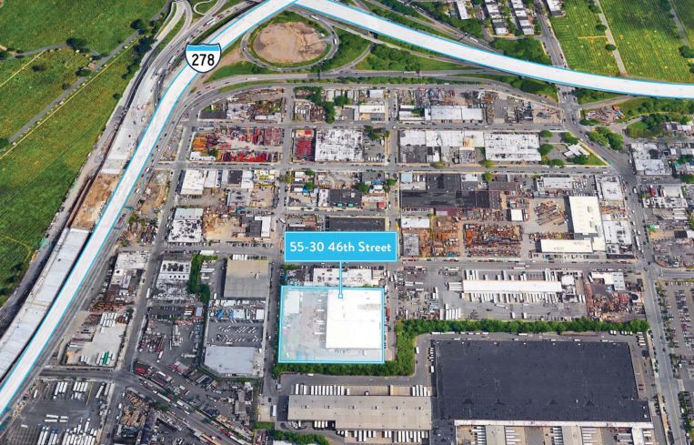 An aerial view of the location of the industrial property at 55-30 46th Street in Maspeth, Queens.