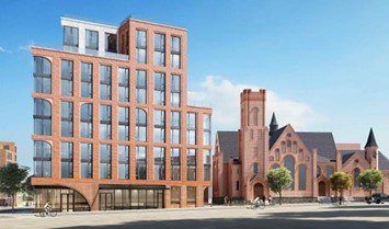 A rendering for a planned 113-unit apartment building at 982-988 Fulton Street in Clinton Hill, Brooklyn.