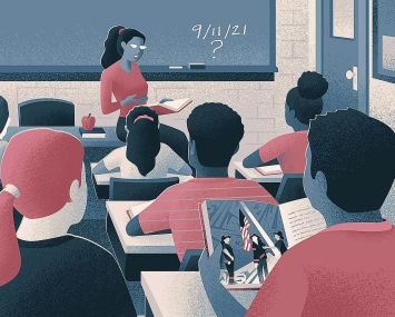 An illustration of a classroom scene as students learn about 9/11.