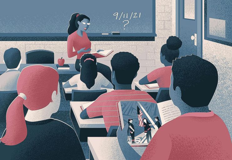 An illustration of a classroom scene as students learn about 9/11.