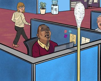 An illustration of people sitting in office cubicles, look at a giant swab with fear.