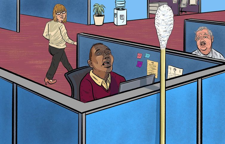 An illustration of people sitting in office cubicles, look at a giant swab with fear.