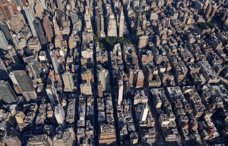 A dense array of buildings from the air.
