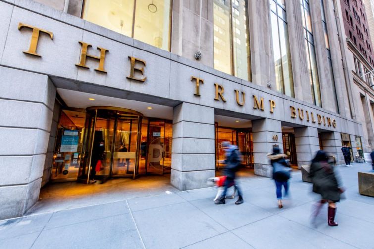 A view of the entrance to the Trump Building at 40 Wall Street in Downtown Manhattan on March 05, 2021 in New York City.