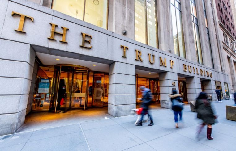 A view of the entrance to the Trump Building at 40 Wall Street in Downtown Manhattan on March 05, 2021 in New York City.
