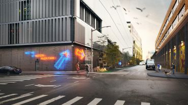 A neon sign lights the way past a white and black cross walk on a city street in this rendering.