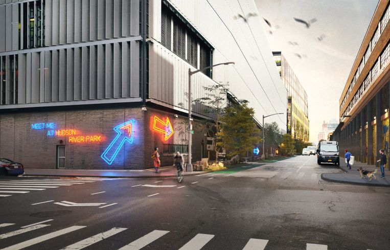 A neon sign lights the way past a white and black cross walk on a city street in this rendering.