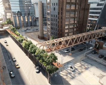 Brookfield and Empire State Development revealed plans for two timber bridges, one of which would cross Tenth Avenue from the High Line to Manhattan West.