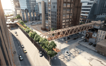 Brookfield and Empire State Development revealed plans for two timber bridges, one of which would cross Tenth Avenue from the High Line to Manhattan West.