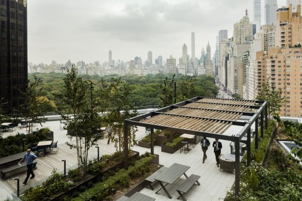 An expansive terrace off an office building.