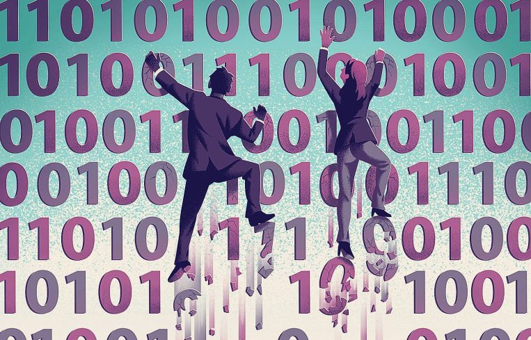 Illustration of two people climbing a wall made of 0s and 1s.