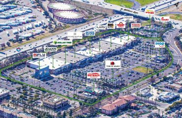 The retail center is located at 4400-4510 Ontario Mills Parkway in the city of Ontario in San Bernardino County, about 10 miles east of the Los Angeles County border. Tenants include Grocery Outlet, Ross, Big Lots, Jo-Ann, Dollar Tree, and more.