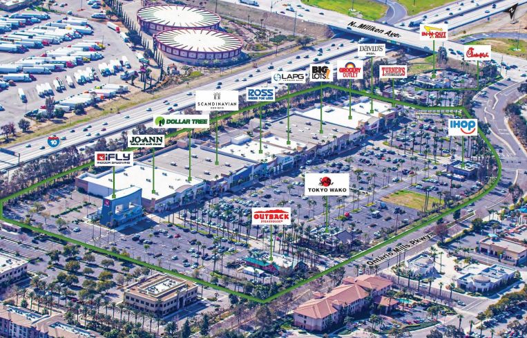 The retail center is located at 4400-4510 Ontario Mills Parkway in the city of Ontario in San Bernardino County, about 10 miles east of the Los Angeles County border. Tenants include Grocery Outlet, Ross, Big Lots, Jo-Ann, Dollar Tree, and more.