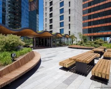 The landscaped, outdoor terrace on the fifth floor of The Jacx.