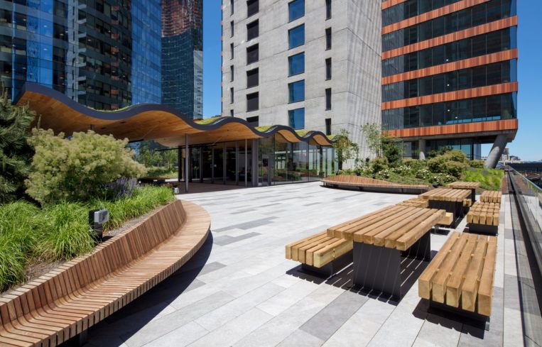 The landscaped, outdoor terrace on the fifth floor of The Jacx.