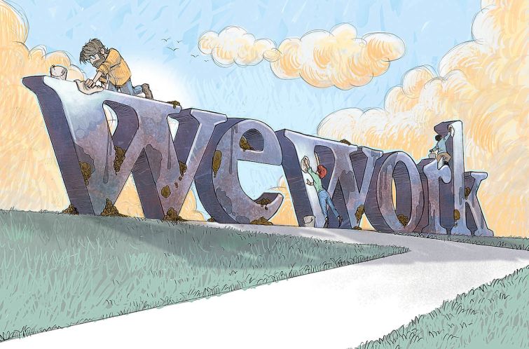 Illustration of someone scrubbing a big sign that says WeWork.