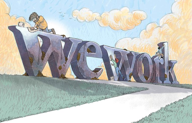 Illustration of someone scrubbing a big sign that says WeWork.