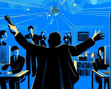 An illustration of a man holding a microphone, arms outstretched, looking at people in desks.