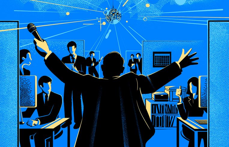 An illustration of a man holding a microphone, arms outstretched, looking at people in desks.