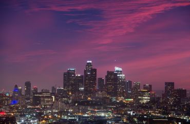 A view of Downtown Los Angeles after sunset.