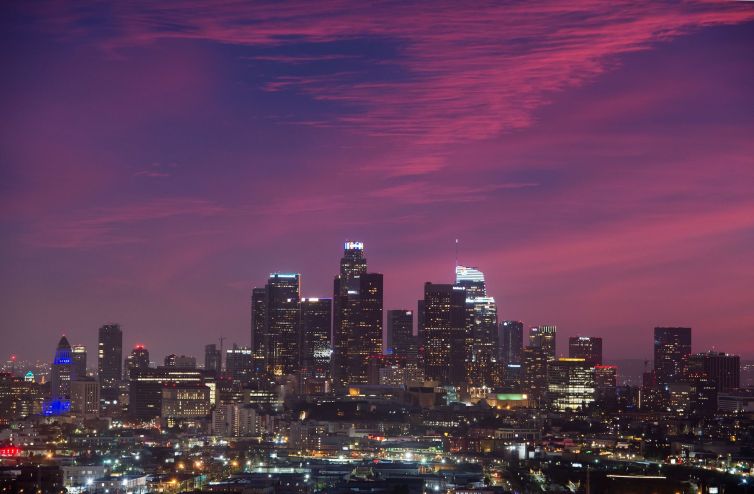A view of Downtown Los Angeles after sunset.
