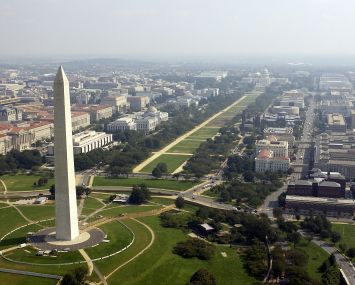 An aerial view of downtown Washington, D.C., the National Mall and the Washington Monument.