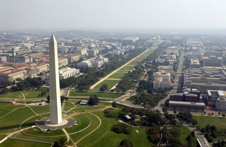 An aerial view of downtown Washington, D.C., the National Mall and the Washington Monument.