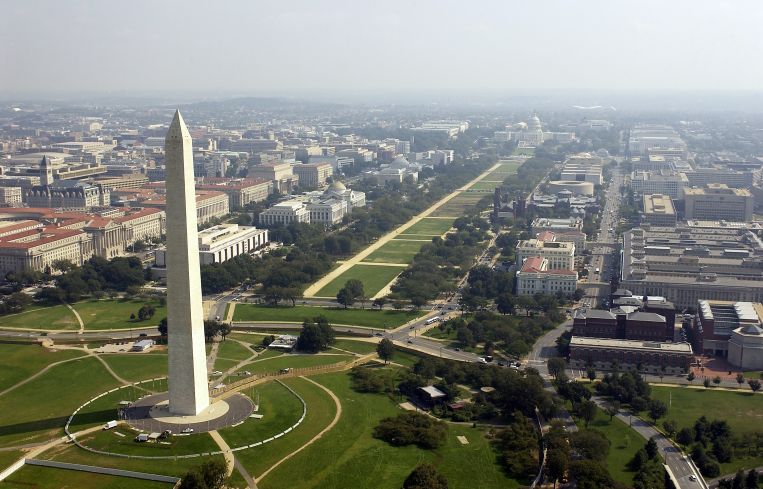 An aerial view of downtown Washington, D.C., the National Mall and the Washington Monument.