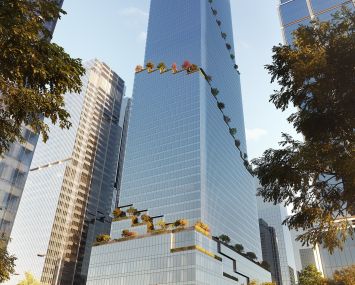 The Spiral, a large glass tower with shrub-filled terraces ascends into the sky at 66 Hudson Boulevard.