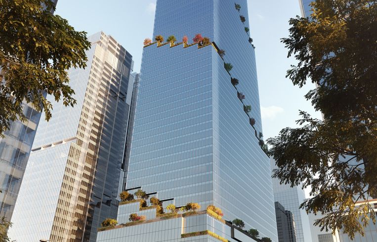The Spiral, a large glass tower with shrub-filled terraces ascends into the sky at 66 Hudson Boulevard.