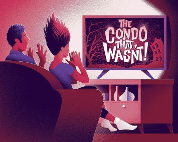 Illustration of two people sitting on a couch scared of what they see on TV.