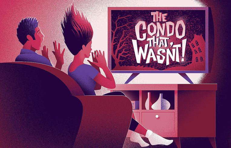 Illustration of two people sitting on a couch scared of what they see on TV.