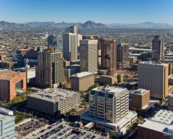 An aerial view of Downtown Phoenix, a booming post-COVID single-family rental market, where more than 8 percent of the houses in this FirstKey Homes CMBS deal are located.