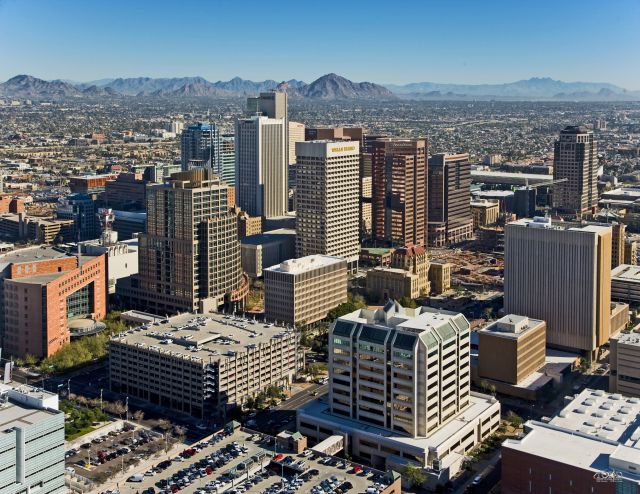 An aerial view of Downtown Phoenix, a booming post-COVID single-family rental market, where more than 8 percent of the houses in this FirstKey Homes CMBS deal are located. 