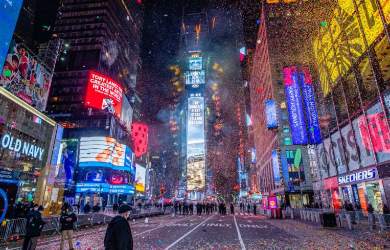A view of the Ball Drop on the One Times Square building and Two Times Square Building during the 2021 Times Square New Year's Eve Celebration on Dec. 31, 2020 in New York City.