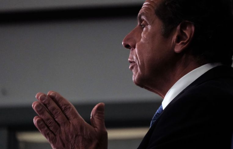 Andrew Cuomo and the Democratic nominee for New York City mayor, Eric Adams, hold a joint news conference in Brooklyn where the two leaders spoke on the rising rates of gun violence across the city on July 14, 2021 in New York City. The governor announced that New York State will shortly offer 4,000 summer jobs and full-time jobs with training for youth in high crime neighborhoods. Shootings are up across the city with numerous children as victims in recent incidents. (Photo by Spencer Platt/Getty Images)