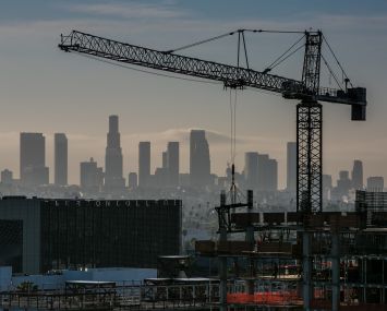 New high-rise construction nearly blocks the downtown Los Angeles skyline.
