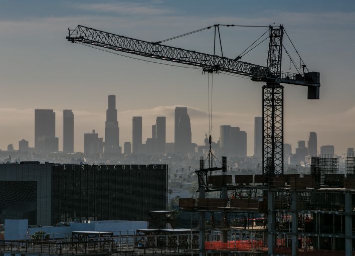 New high-rise construction nearly blocks the downtown Los Angeles skyline.