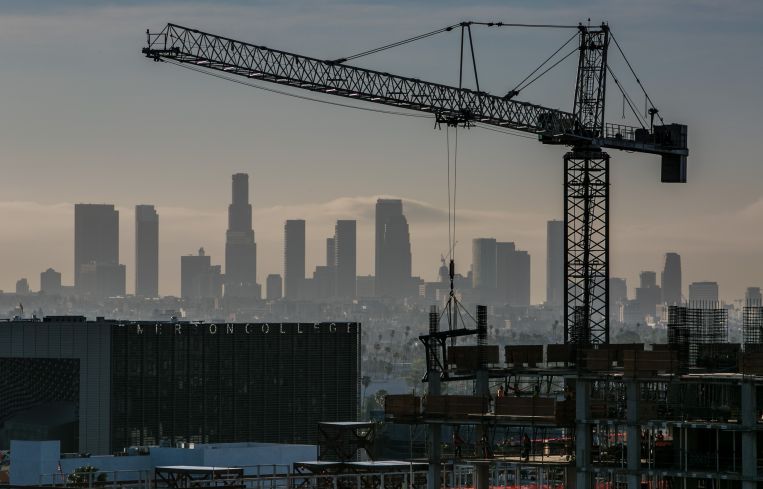 New high-rise construction nearly blocks the downtown Los Angeles skyline.