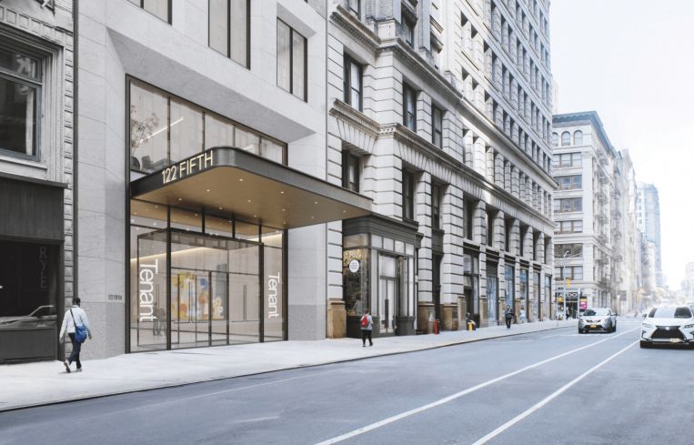 The exterior of a building on a city street.