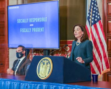 January 18, 2022- Governor Kathy Hochul presents fiscal year 2023 Executive Budget in the Red Room of the Capitol.