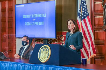 January 18, 2022- Governor Kathy Hochul presents fiscal year 2023 Executive Budget in the Red Room of the Capitol.